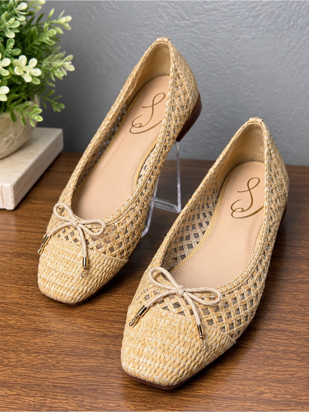 Sam Edelman Woven Raffia Ballet Flats Bow Natural Square Toe Shoes Size 9